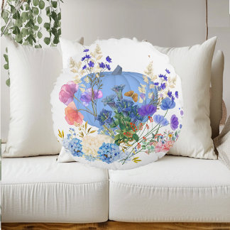 Höstfällning Pumpkin Pastel Blue Botanical Blommig Rund Kudde