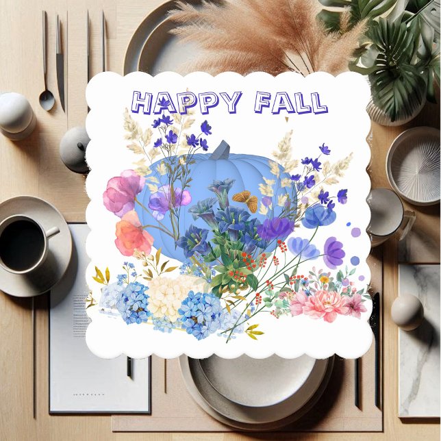 Höstfällning Pumpkin Pastel Blue Botanical Blommig Underlägg Papper (Autumn Fall Pumpkin Pastel Blue Botanical Floral Paper Coaster)