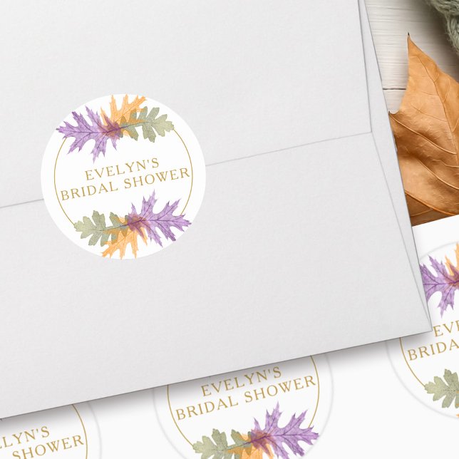 Höstfalloktober, Löv Elegant Guld Runt Klistermärke (October Leaves sticker with fully editable gold text and autumn fall leaf design)