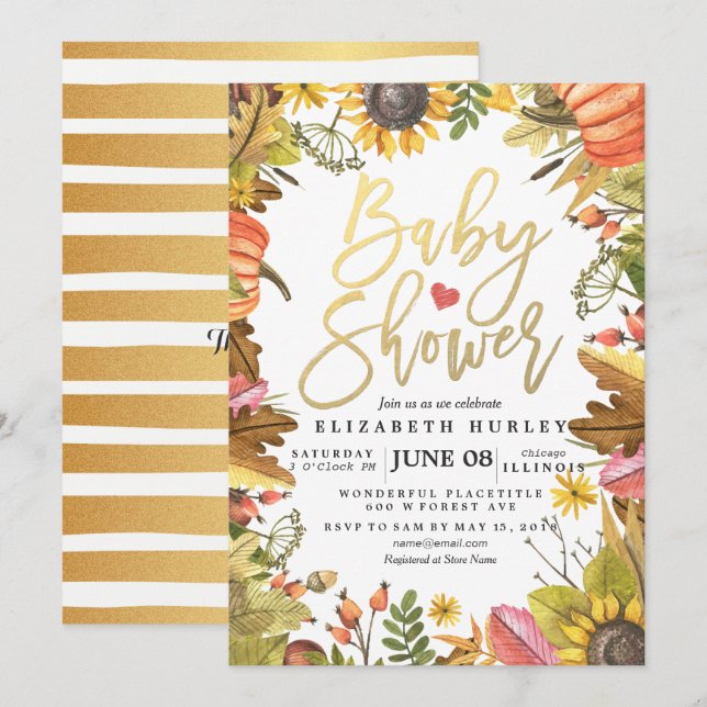 Höstfallskärm Löv Pumpkin Baby Shower-kort Inbjudningar (Fram/baksida)