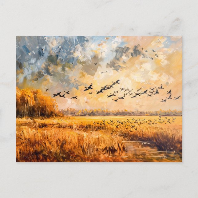 Höstfält med fåglar impressionism olja helg vykort (Framsida)