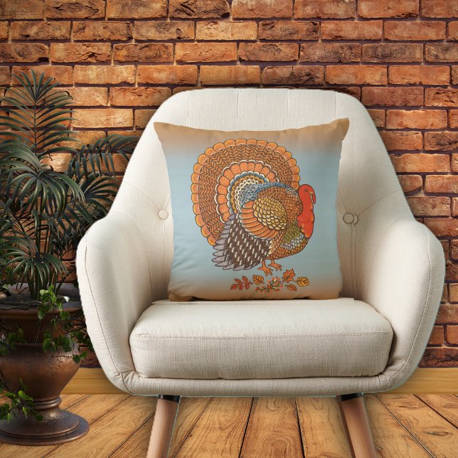 Höstfärger Han Kalkon Uppfläkta Svansblad Kudde (Thanksgiving turkey orange brown feathers in leaves on blue and orange decorative pillow.)
