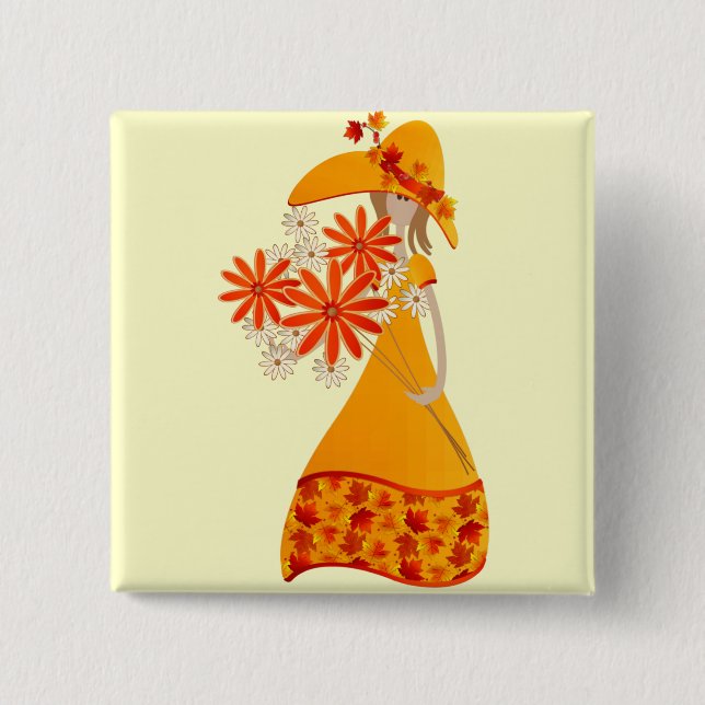 Höstflicka med fallblommor knapp (Framsida)