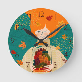 Höstflicka med Träd i Burk Rund Klocka