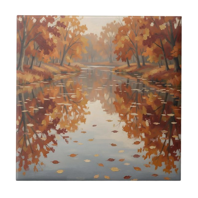Höstflodens Reflektion Orange Träd Faller  Kakelplatta (Framsidan)