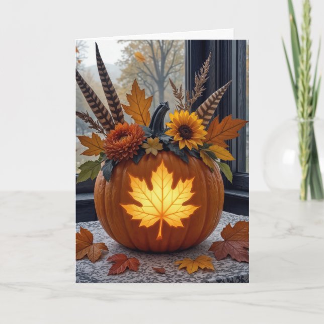 Höstfödelsedag Bouquet i en Orange Pumpkin Kort (Framsida)