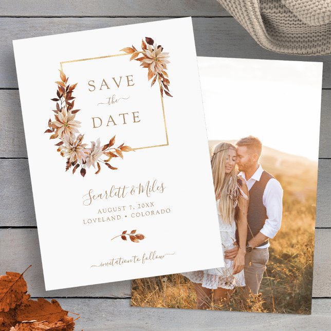 Höstfoto Spara Datum Datumet (Modern Fall Leaves Photo Save The Date Invitation by Painted Paperie
)