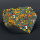 Höstfoxar på grönten gräs slips<br><div class="desc">Hand-målad skogsfauna och flora- räv,  löv,  svamp och bär</div>