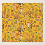 Höstfoxar på orangen sjal<br><div class="desc">Hand-målad skogsfauna och flora- räv,  löv,  svamp och bär</div>