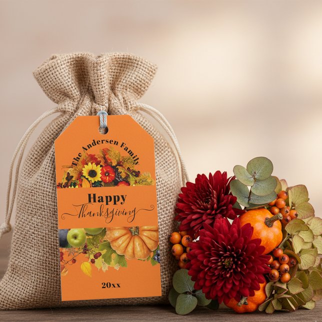 Höstfrukter Blommor Och Löv Glad Thanksgiving Presentetikett (Skapare uppladdad)
