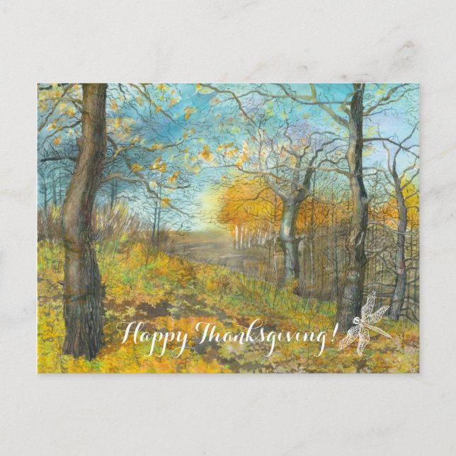 Höstgolden i en ekgrova som målar vattenfärg vykort (Framsida)