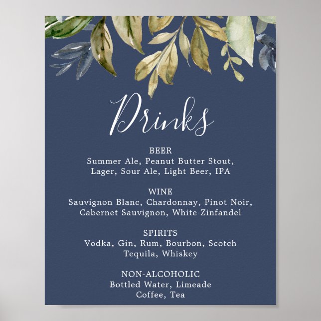 Höstgrönska | Marinblått bröllopsdryckesmeny-skylt Poster (Framsidan)