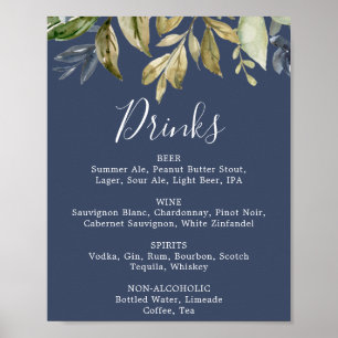 Höstgrönska Marinblått menykort för drinkar på b Poster