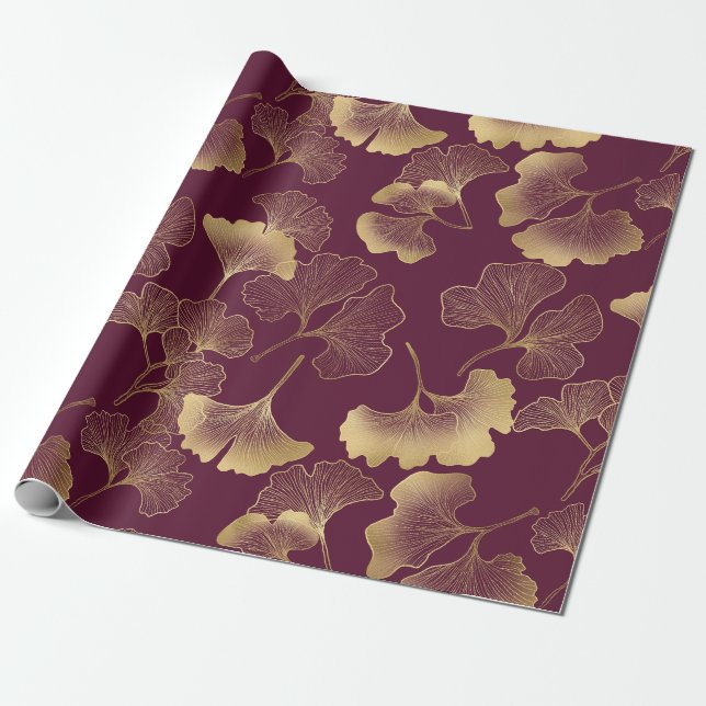Höstguld Ginkgo-bladsmönster Presentpapper (Utrullad)