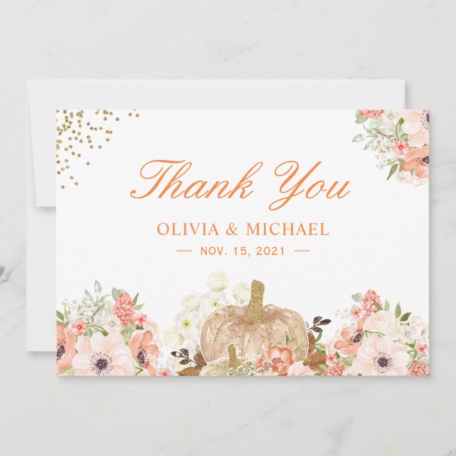 Höstguld Glittrande Pumpa Blommig Tack Kort (Framsida)