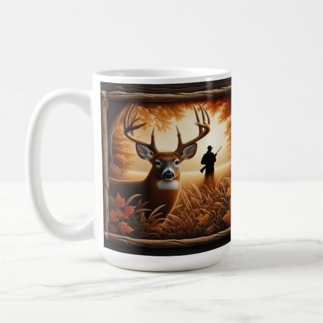 Hösthjort och jägare siluett i skog kaffemugg (Vänster)