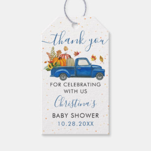 Hösthösten Pumpkin Blue Lastbil Baby Shower Tack Presentetikett