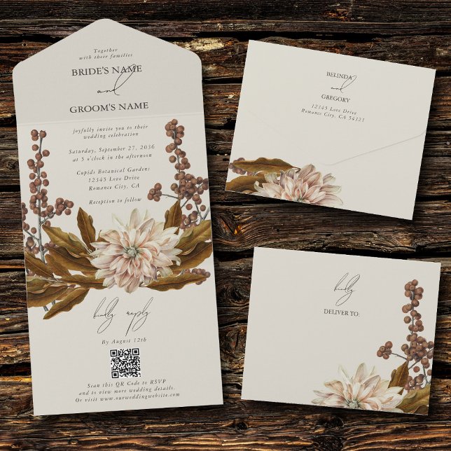 Hösthöstens Blommigt Jordfärgstoner Vattenfärgsblo (Autumn Floral Earthy Tones Watercolor Fall Wedding All In One Invitation)