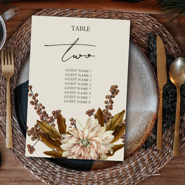 Hösthöstens Blommigt Jordfärgstoner Vattenfärgsblo Bordsnummer (Autumn Floral Earthy Tones Watercolor Fall Wedding Table Number)