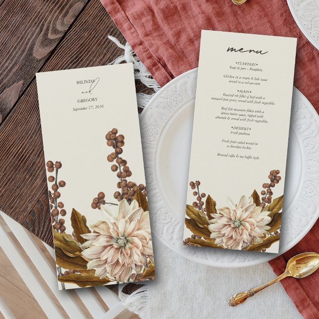 Hösthöstens Blommigt Jordfärgstoner Vattenfärgsblo Meny (Autumn Floral Earthy Tones Watercolor Fall Wedding Menu)