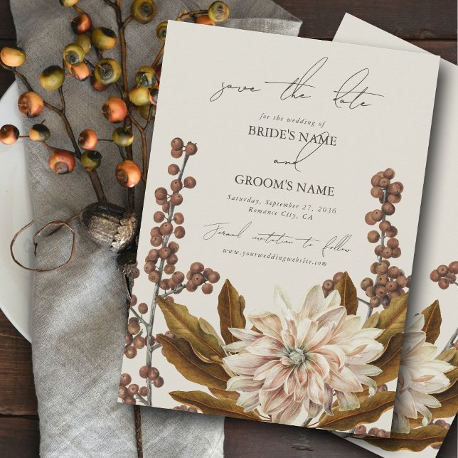 Hösthöstens Blommigt Jordfärgstoner Vattenfärgsblo Spara Datumet (Autumn Floral Earthy Tones Watercolor Fall Wedding Save The Date)