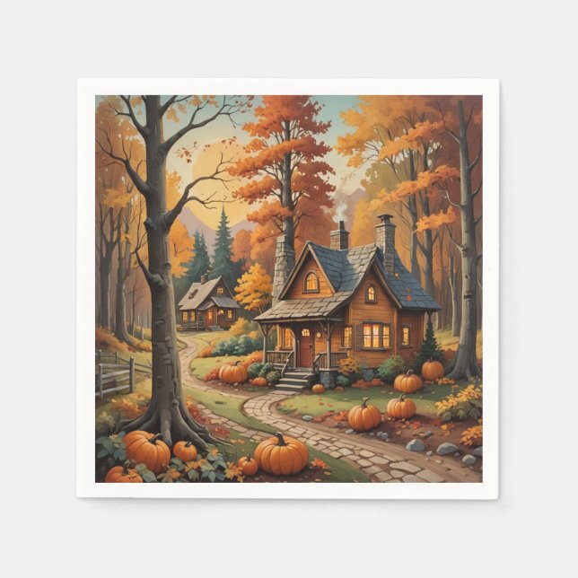 Höstkabin omringad av pumpor pappersservett (Framsidan)