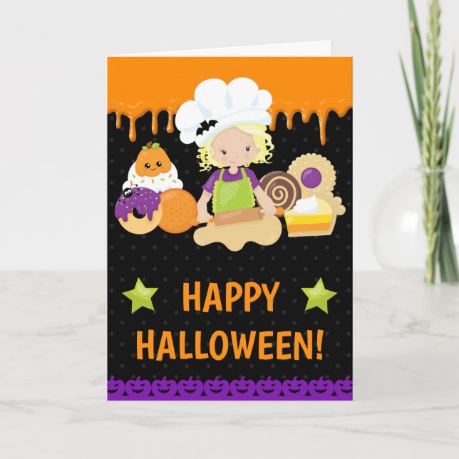Höstkakor Bakande Blond Flicka Glad Halloween Kort (Framsida)
