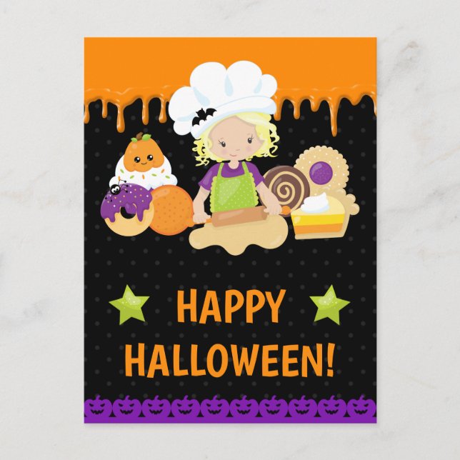 Höstkakor Bakning Blond Flicka Glad Halloween Vykort (Framsida)