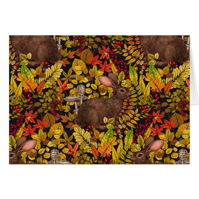 Höstkanin på svart hälsningskort (Framsidan Horizontal)