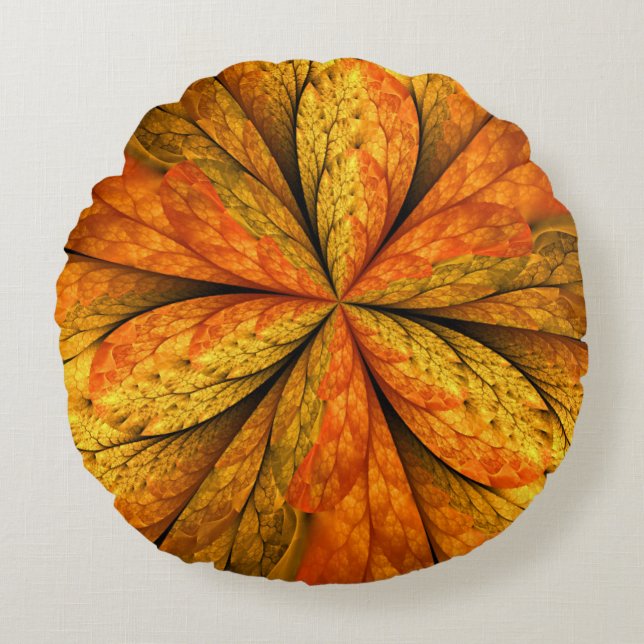 Höstkänsla, Modern Abstrakt Fractal Flower Rund Kudde (Framsidan)