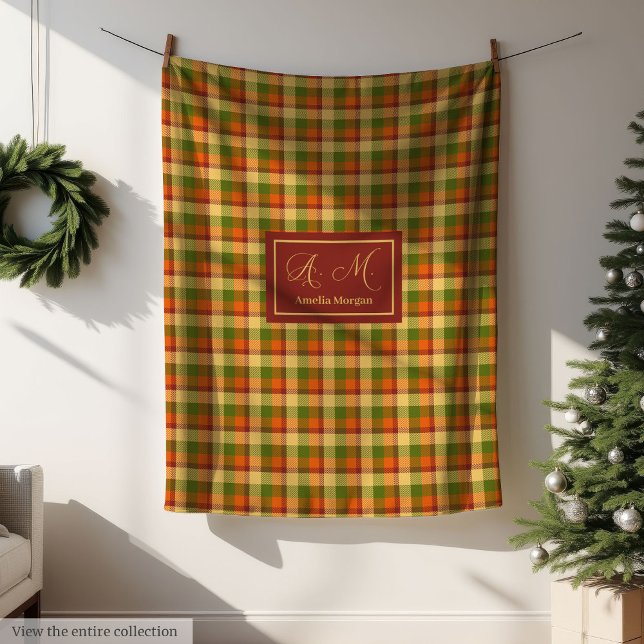 Höstkarvad kastmadrass mysig anpassad namnaccent fleecefilt (Autumn Plaid Throw Blanket Cozy Custom Name Accent)