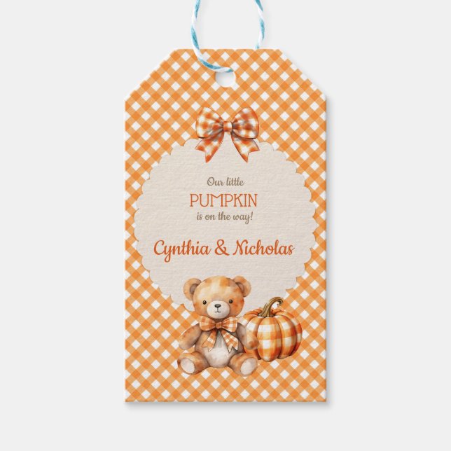 Höstkarvad Teddybjörn Pumpa Löv Presentetikett (Framsidan)