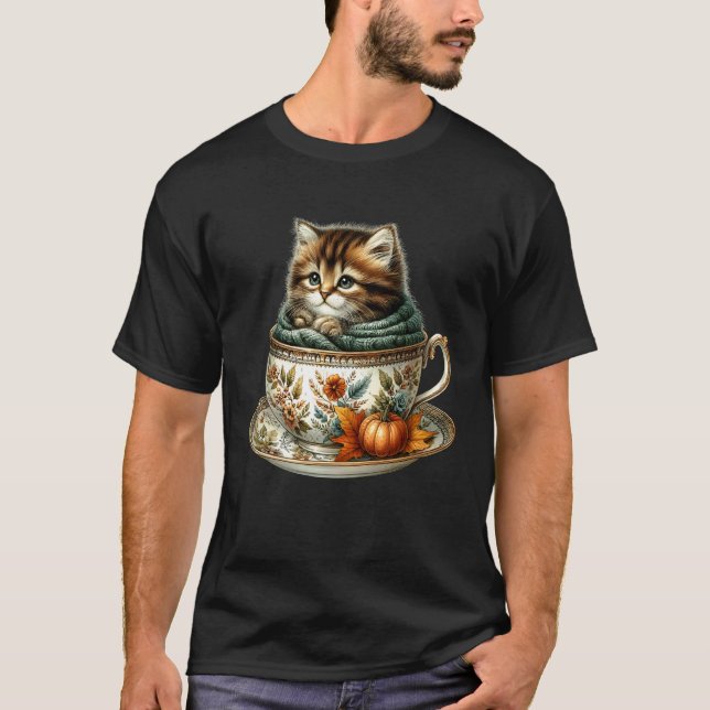 Höstkatt i blommig kaffemugg stickad halsduk Klipp T Shirt (Framsida)