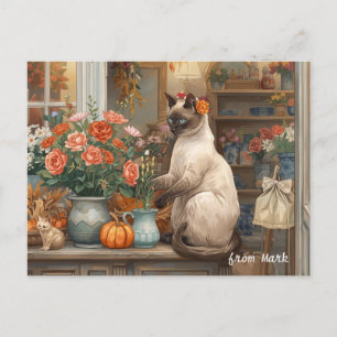 Höstkatt med blommor - Fall Thanksgiving Helg Vykort