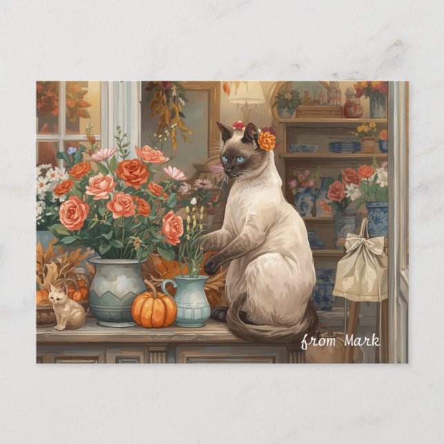 Höstkatt med blommor - Fall Thanksgiving Helg Vykort (Framsida)