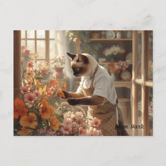 Höstkatt med blommor - Fall Thanksgiving Helg Vykort (Framsida)