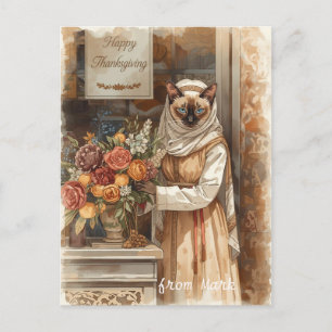 Höstkatt med blommor - Fall Thanksgiving Helg Vykort