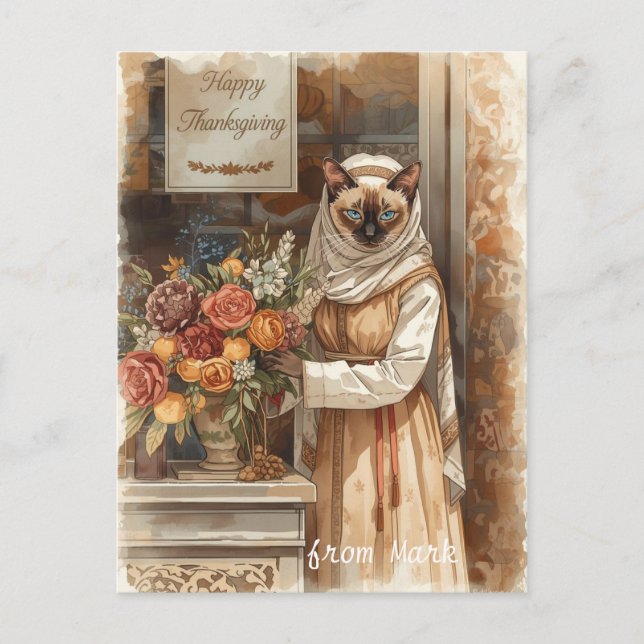 Höstkatt med blommor - Fall Thanksgiving Helg Vykort (Framsida)
