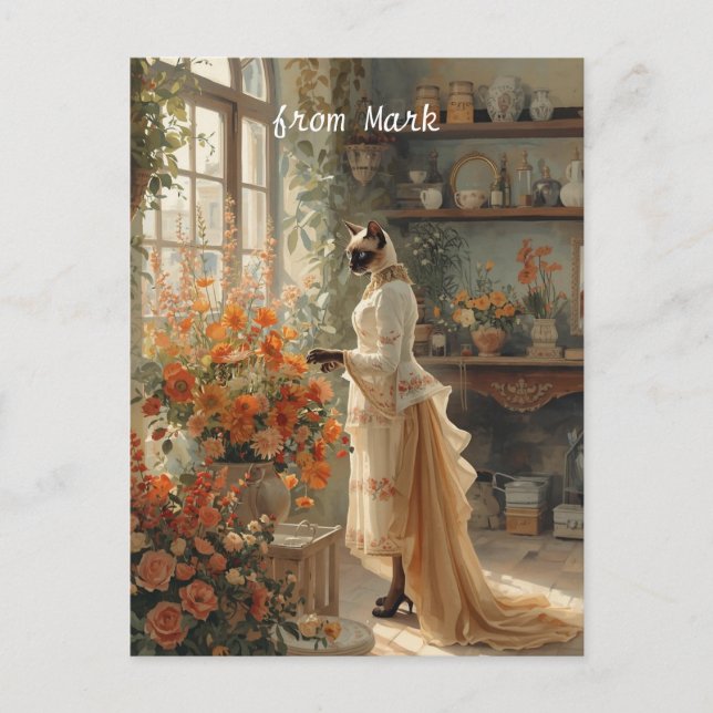 Höstkatt med blommor - Fall Thanksgiving Helg Vykort (Framsida)