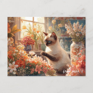 Höstkatt med blommor - Fall Thanksgiving Helg Vykort