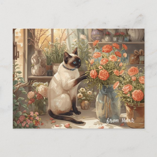 Höstkatt med blommor - Fall Thanksgiving Helg Vykort (Framsida)