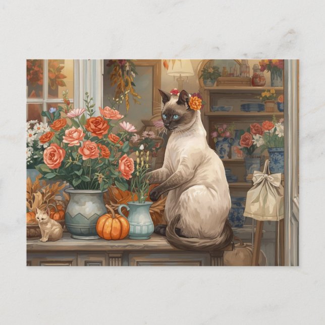 Höstkatt med blommor - Fall Thanksgiving Helg Vykort (Framsida)