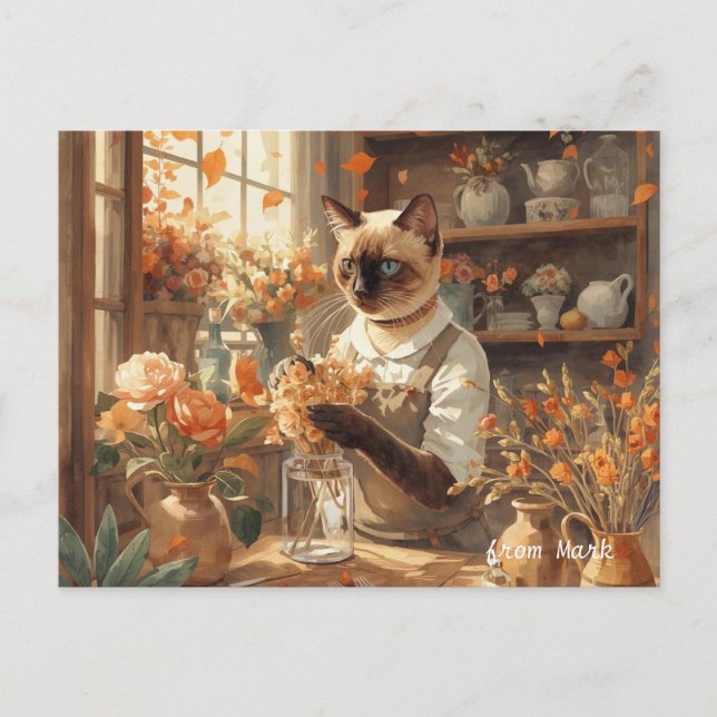 Höstkatt med blommor - Fall Thanksgiving Helg Vykort (Framsida)