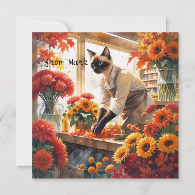 Höstkatt med blommor - Fallsäsong Hälsning Julkort (Framsida)