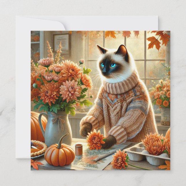 Höstkatt med blommor - Fallsäsong Hälsning Julkort (Framsida)