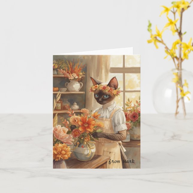 Höstkatt med blommor - Fallsäsong Hälsning Kort (Gul blomma)