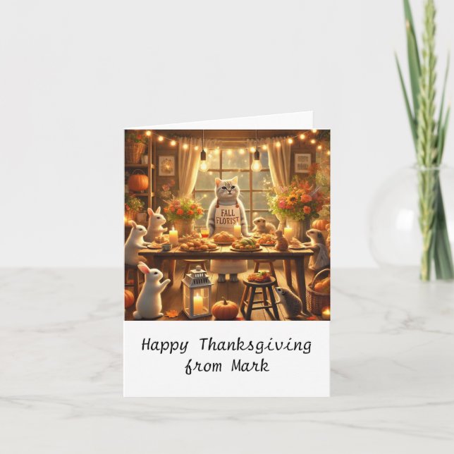 Höstkatt med blommor – Höstsäsongshälsning Kort (Framsida)