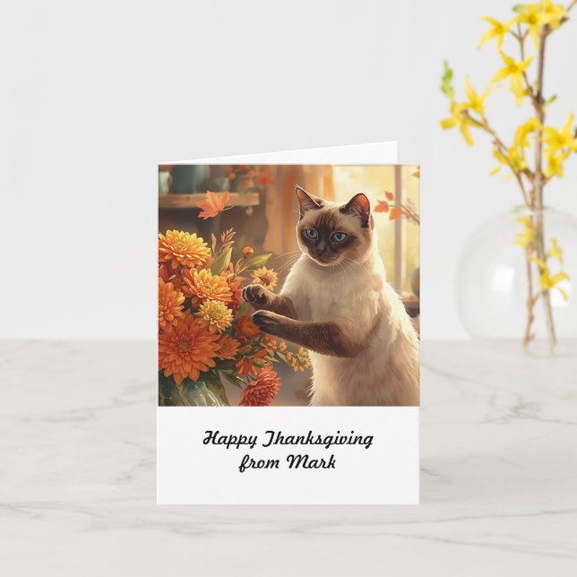 Höstkatt med blommor - Thanksgiving för fallsäsong Kort (Gul blomma)