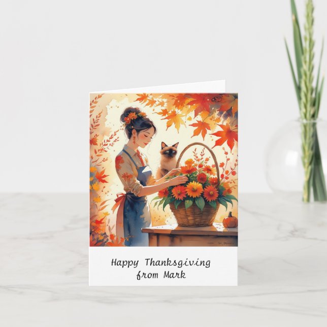 Höstkatt med blommor - Thanksgiving för fallsäsong Kort (Framsida)
