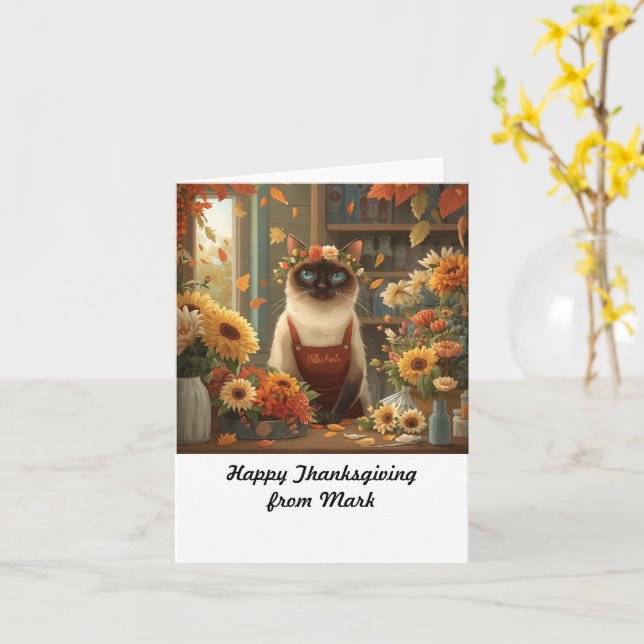 Höstkatt med blommor - Thanksgiving för fallsäsong Kort (Gul blomma)
